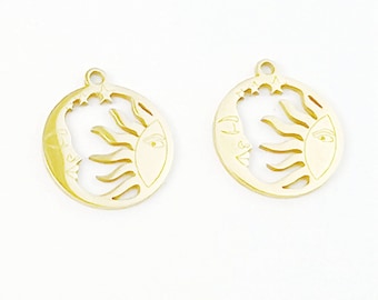 6pcs Stainless Steel Round Sun Charm, Sun Pendant, Gold Plated Moon and Sun Earring Charm Pendants, Stainless Steel Findings 15mm
