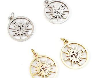 6pcs Stainless Steel Sun Charm, Sun Pendant, Gold Plated Compass Pendant, Round Compass Earring Charm, Stainless Steel Findings 15mm