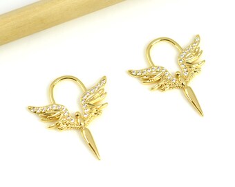 21x24mm Gold Angel Charms, 18K Gold Angel Pendant with Zircons, Micro Pave Angel Earring, Gold Angel Wings Necklace Pendant