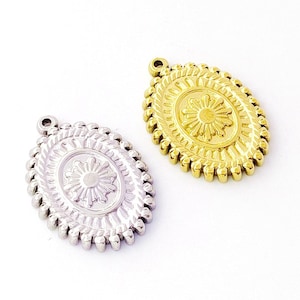 Stainless Steel Sun Charm, Sun Pendant, Gold Plated Oval Sun Medallion Pendant, Stainless Steel Findings 14x20mm
