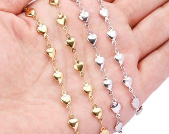 Stainless Steel Hearts Chain, Gold Heart Shape Chains, Heart Charms Link Chain, Heart Bead Chains, DIY Jewelry Making Chain 5.2mm