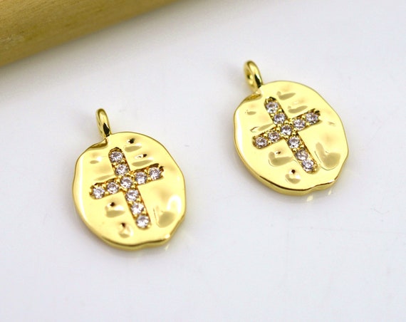 1 Pc Natural Pave Diamond Round With Cross Charm Pendant 24K Gold Vermeil 18mmx10mm PDC176