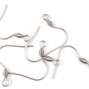 May include: Five silver earring hooks with a coiled wire detail. The hooks are arranged in a random pattern on a white background.