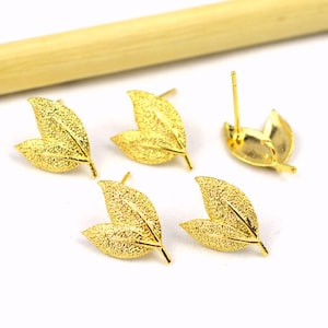 Messing Blatt Ohrring Beiträge, 24K echt vergoldet Messing Blätter Ohrstecker - Messing Baum Bolzen, Schmuck Zubehör 10 x 15 mm