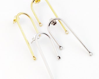 10pcs Stainless Steel U Shape Earring, Long U Shape Post Earring, Oval Post with Loop Holes, Gold Barstick Studs Earring Findings 37x14mm