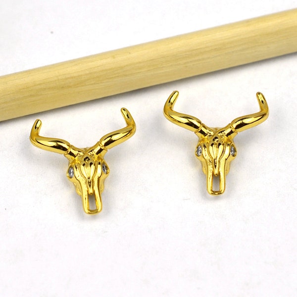 Brass Longhorn Charms, 18K Real Gold Plated Brass Carcass Pendant - Gold Cow Head Pendant - Zircon Pave Jewelry Supplies Findings 20x28mm