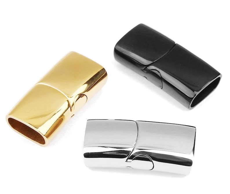 May include: Three magnetic clasps for jewelry making. The clasps are made of metal and come in gold, silver, and black.