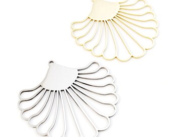 May include: Two metal fan-shaped charms, one gold and one silver. Both charms have a delicate, intricate design with a scalloped edge.