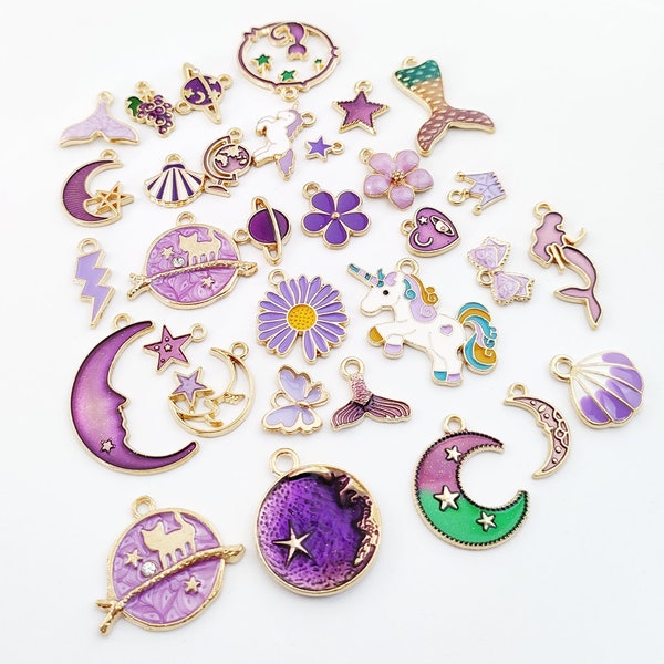 31pcs Set Cosmic Charms, Purple Enamel Moon Pendant, Alloy Mermaid Pendant, Metal Flower Charm Pendants, DIY Findings Supplies 10-30mm