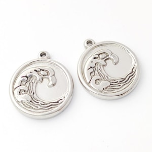 Stainless Steel Ocean Charm, Ocean Pendant, Round Nautical Pendant, Stamping Necklace Pendant, Stainless Steel Findings 18mm
