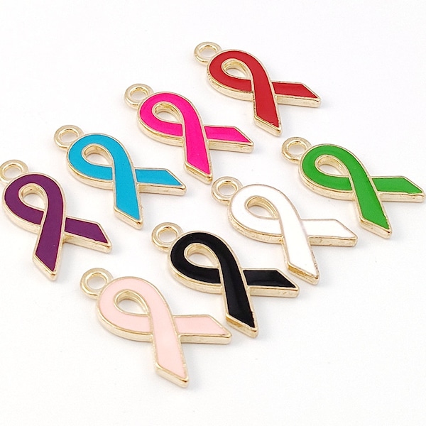 20pcs Enamel Ribbon Charms, Love Ribbon Pendant, 8 Colors Alloy Ribbon for Cancer Sign Pendants, Jewelry Findings Supplies 20x10mm