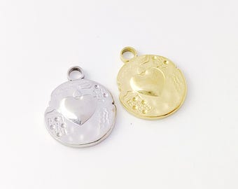 4pcs Stainless Steel Heart Charm, Round Heart Pendant, Gold Plated Heart Earring Charm, Stainless Steel Findings 16x19mm
