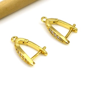 Brass Earring Hooks, Zircon Earring Wires, 18K Real Gold Plated Brass Earring Findings Jewelry Supplies 19x10mm