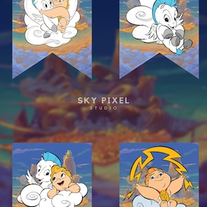 May include: Four cartoon images featuring a baby holding a white winged horse. The baby is wearing a gold crown and a white diaper. The horse has blue wings and a blue mane. The background is a blue sky with white clouds. The images are in a grid format. The bottom right image features the baby holding a lightning bolt.