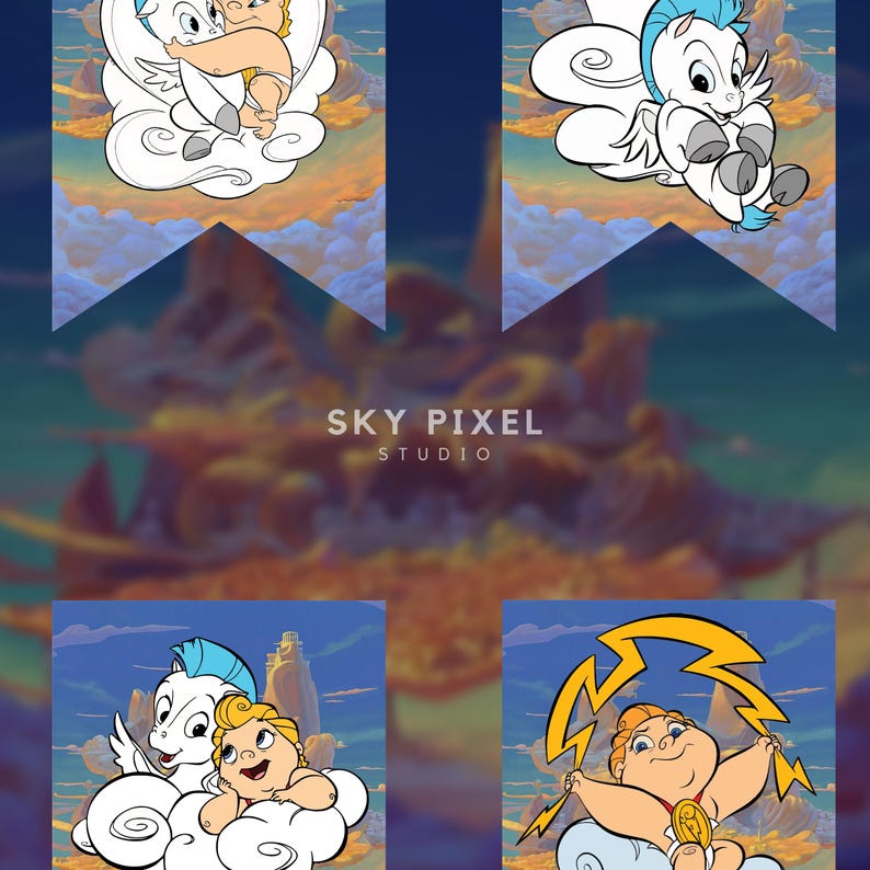 May include: Four cartoon images featuring a baby holding a white winged horse. The baby is wearing a gold crown and a white diaper. The horse has blue wings and a blue mane. The background is a blue sky with white clouds. The images are in a grid format. The bottom right image features the baby holding a lightning bolt.