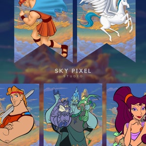 May include: Four colorful cartoon character illustrations from the Disney movie Hercules. The characters are Hercules, Pegasus, Hades, and Megara. The illustrations are set against a blue sky with clouds.