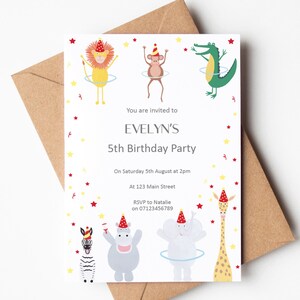 Invitations fêtardes, invitations fête des animaux, thème de la fête des animaux sauvages, invitations pour fête d'anniversaire d'enfants, invitations personnalisées