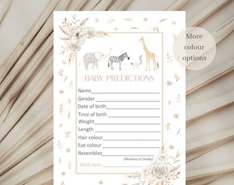 Baby shower prediction cards, baby prediction cards, boho baby shower, neutral baby shower, baby shower games, safari animal