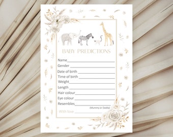 Baby shower prediction cards, baby prediction cards, boho baby shower, neutral baby shower, baby shower games, safari animal baby shower