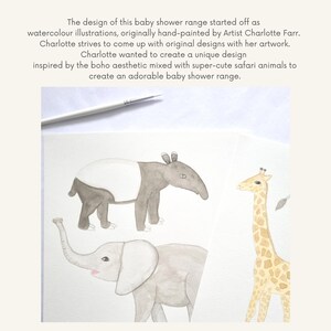 May include: Watercolour illustrations of a brown and white tapir, a grey elephant, and a yellow giraffe. The animals are drawn in a cute, cartoon style. The illustrations are perfect for a baby shower or nursery.