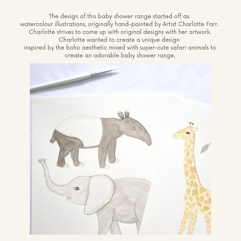 May include: Watercolour illustrations of a brown and white tapir, a grey elephant, and a yellow giraffe. The animals are drawn in a cute, cartoon style. The illustrations are perfect for a baby shower or nursery.