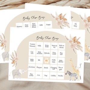 Bingo pour baby shower, jeu de baby shower, baby shower animaux de safari, baby shower neutre, baby shower bohème, neutre, bingo pour bébé,