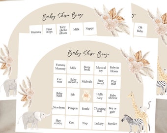 Baby shower bingo, baby shower game, baby shower safari animals, neutral baby shower, boho baby shower, gender neutral, baby bingo,