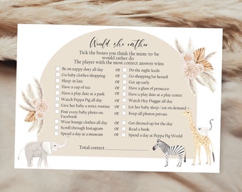 Would she rather, baby shower game, baby shower safari animals, neutral baby shower, boho baby shower, would she rather game