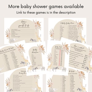 May include: A set of printable baby shower games with a jungle animal theme. The games include "Baby Around the World", "Baby Predictions", "Celebrity Baby Names", "Baby Facts", and "Over or Under".