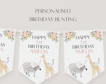 Birthday party bunting, safari animal birthday party decorations, party animals decorations, kids personalised bunting, party banner,