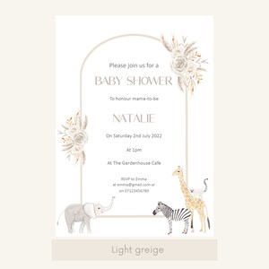 May include: A baby shower invitation with a light beige background and a watercolour illustration of a giraffe, zebra, and elephant. The text reads "Please join us for a Baby Shower to honour mama-to-be Natalie on Saturday 2nd July 2022 at 1pm at The Gardenhouse Cafe. RSVP to Emma at emma@gmail.com or on 07123456789. Light greige."