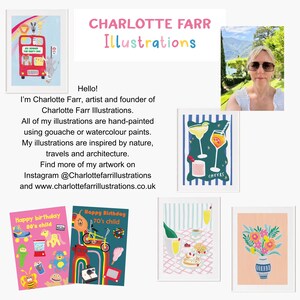 May include: A collection of colourful illustrations featuring a double-decker bus with animals, cocktails, a birthday card with a 70s theme, a birthday card with an 80s theme, a floral arrangement in a vase, and a picnic scene with a champagne bottle and pastries. The artist's name, Charlotte Farr Illustrations, is displayed at the top of the image.