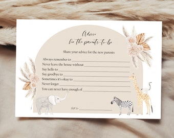 Baby shower advice cards, advice cards for new parents, pack of 5, baby shower safari animals, neutral baby shower, boho baby shower,