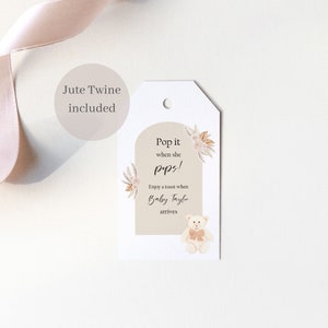Pop it when she pops tags, baby shower favour tags, champagne baby shower tags, teddy bear baby shower, baby shower favour, boho baby shower