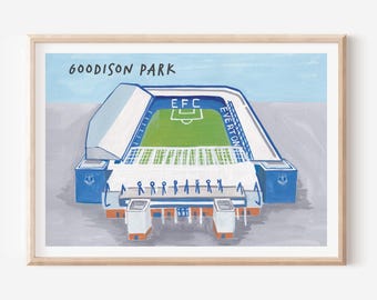 May include: A hand-painted illustration of Goodison Park, the home of Everton Football Club. The stadium is depicted in a blue and white color scheme with the words "Goodison Park" and "EFC Everton" visible.