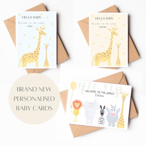 May include: Three personalized baby cards with a jungle animal theme. The first card features two giraffes with the text "Hello Baby, Welcome to the World Finn". The second card features two giraffes with the text "Hello Baby, Welcome to the World Sophia". The third card features a lion, elephant, zebra, hippopotamus, and giraffe with the text "Welcome to the World Emma".