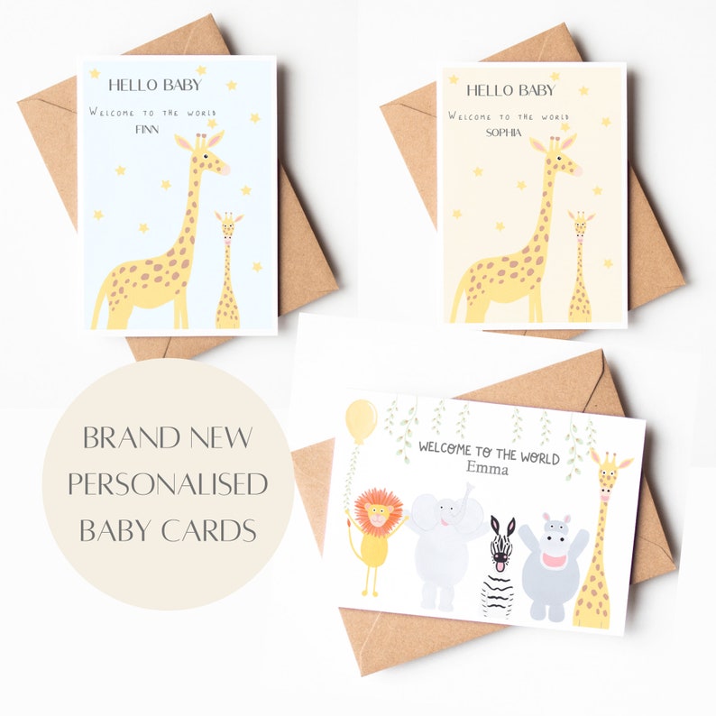 May include: Three personalized baby cards with a jungle animal theme. The first card features two giraffes with the text "Hello Baby, Welcome to the World Finn". The second card features two giraffes with the text "Hello Baby, Welcome to the World Sophia". The third card features a lion, elephant, zebra, hippopotamus, and giraffe with the text "Welcome to the World Emma".