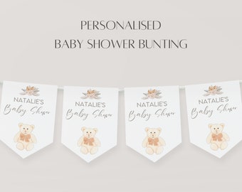 Personalised baby shower bunting, teddy bear baby shower decorations, boho baby shower decorations, personalised bunting for baby shower,