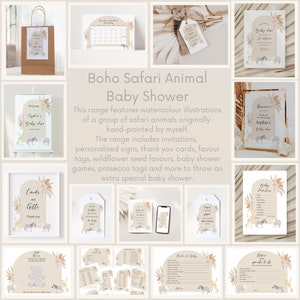 May include: A set of printable baby shower decorations featuring a boho safari animal theme. The illustrations include watercolor animals, plants, and geometric shapes in shades of brown, beige, and cream. The text includes "Sophia's Baby Shower" and "Cards and Gifts".