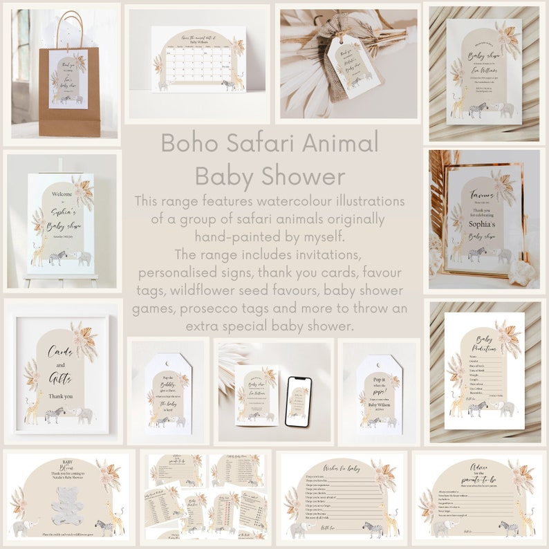 May include: A set of printable baby shower decorations featuring a boho safari animal theme. The illustrations include watercolor animals, plants, and geometric shapes in shades of brown, beige, and cream. The text includes "Sophia's Baby Shower" and "Cards and Gifts".