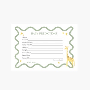 Jeu de baby shower, cartes de prédiction de bébé, baby shower de girafe, baby shower d'animal, carte de bordure ondulée, cartes de baby shower non sexiste