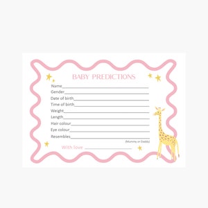 Cartes de prédiction de bébé, jeu de baby shower, baby shower rétro, jeu de baby shower de girafe, baby shower d'animal, carte de bordure ondulée rose, dessinée à la main