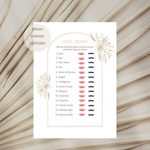 Jeu de traits de bébé, jeu de baby shower, baby shower bohème, baby shower non sexiste, baby shower, quiz, baby shower botanique