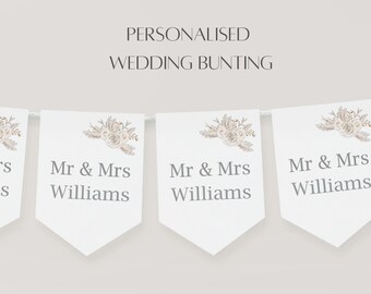 Personalised wedding bunting, wedding garland, Mr and Mrs bunting, wedding decorations, wedding reception decor, wedding party bunting,