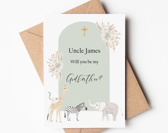 Godparent proposal card for Christening, Christening card, Will you be my Godfather card, Safari animal theme Christening, Baptism card,