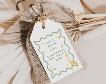Pop it when she pops tags, baby shower favour tags, champagne baby shower tags, baby shower favours, prosecco tags, giraffe themed