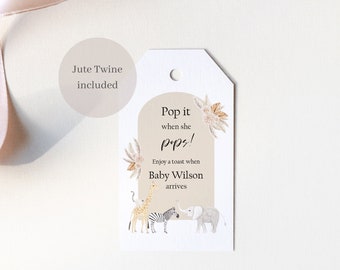 Pop it when she pops tags, baby shower favour tags, champagne baby shower tags, baby shower favours, boho baby shower, prosecco tags