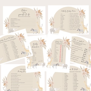 Jeux de baby shower, cartes de prédiction de bébé, baby shower bohème, baby shower neutre, baby shower d'animaux de safari, lot de jeux de baby shower