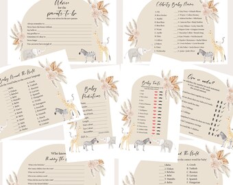 Baby shower games, baby prediction cards, boho baby shower, neutral baby shower, safari animal baby shower, baby shower games bundle