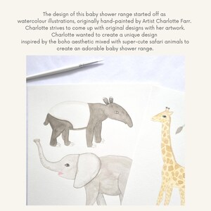 May include: Watercolor illustrations of a tapir, elephant, and giraffe, painted in shades of brown, gray, and yellow. The animals are drawn in a cute, cartoon style, with simple details and expressive eyes. The illustrations are perfect for a baby shower theme.